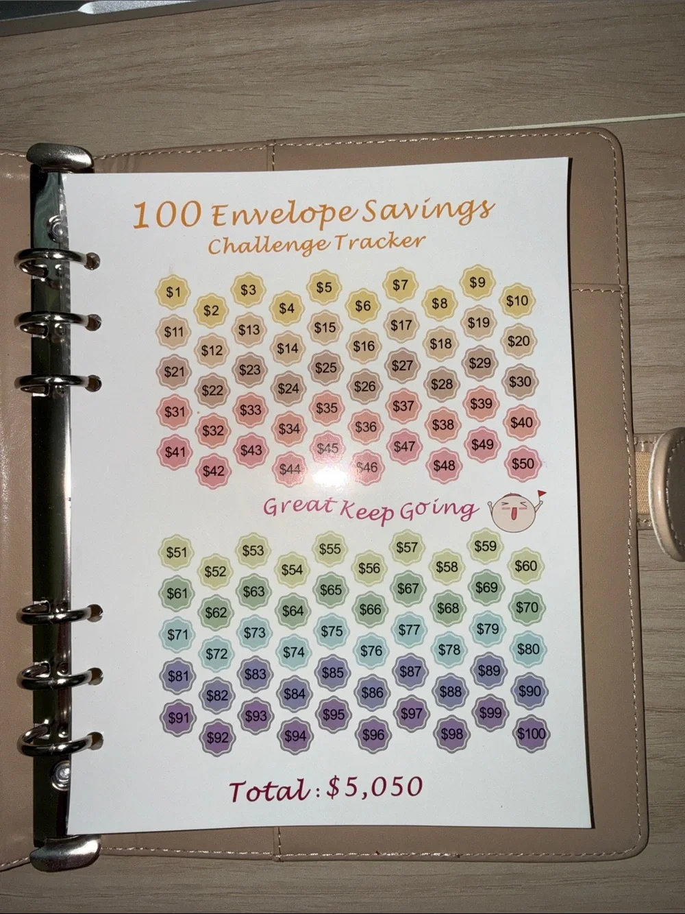 100 Envelope Savings Challenge Binder - Cream with Tan Accent